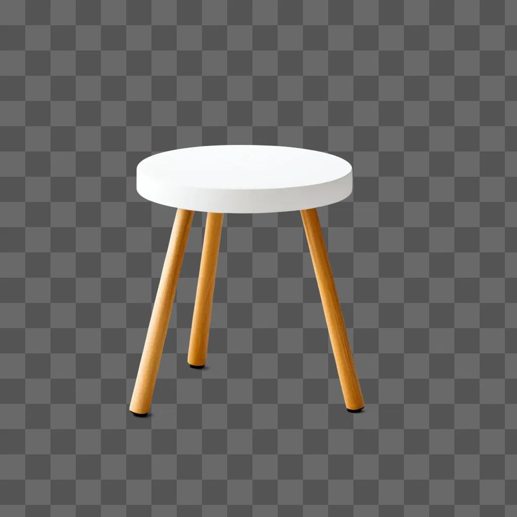 stool with three wooden legs is on a beige wall