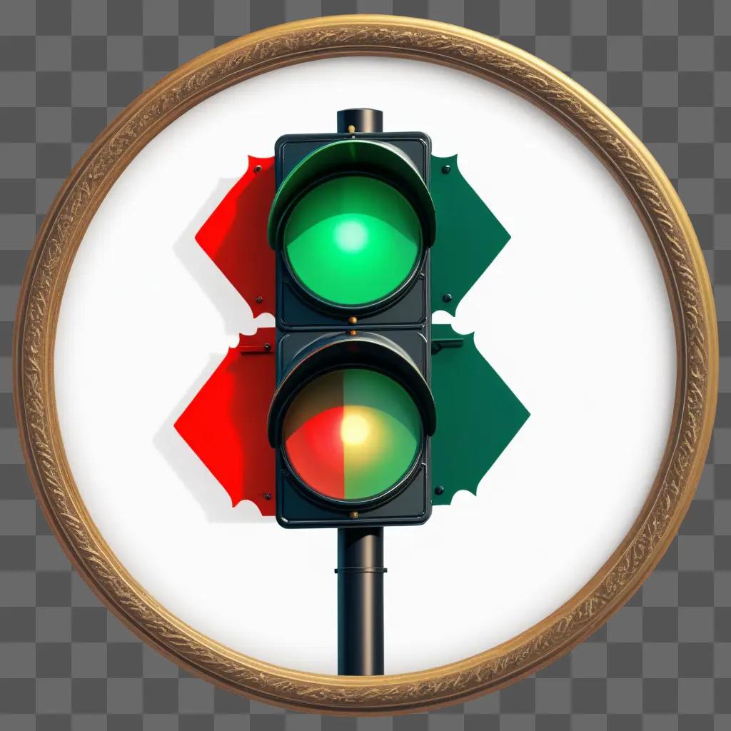 stop signal with a gold frame and red and green lights