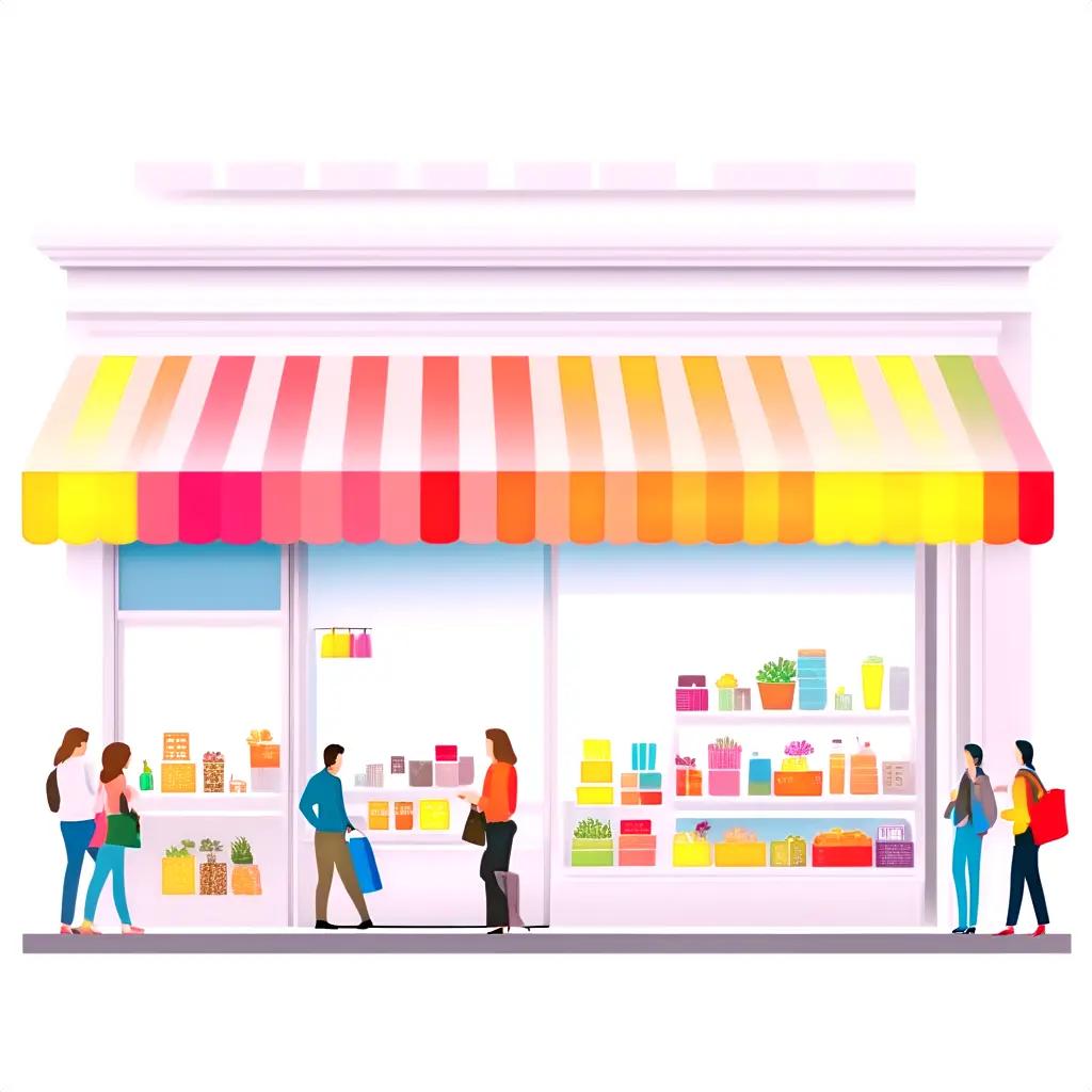 storefront with a colorful awning and people shopping