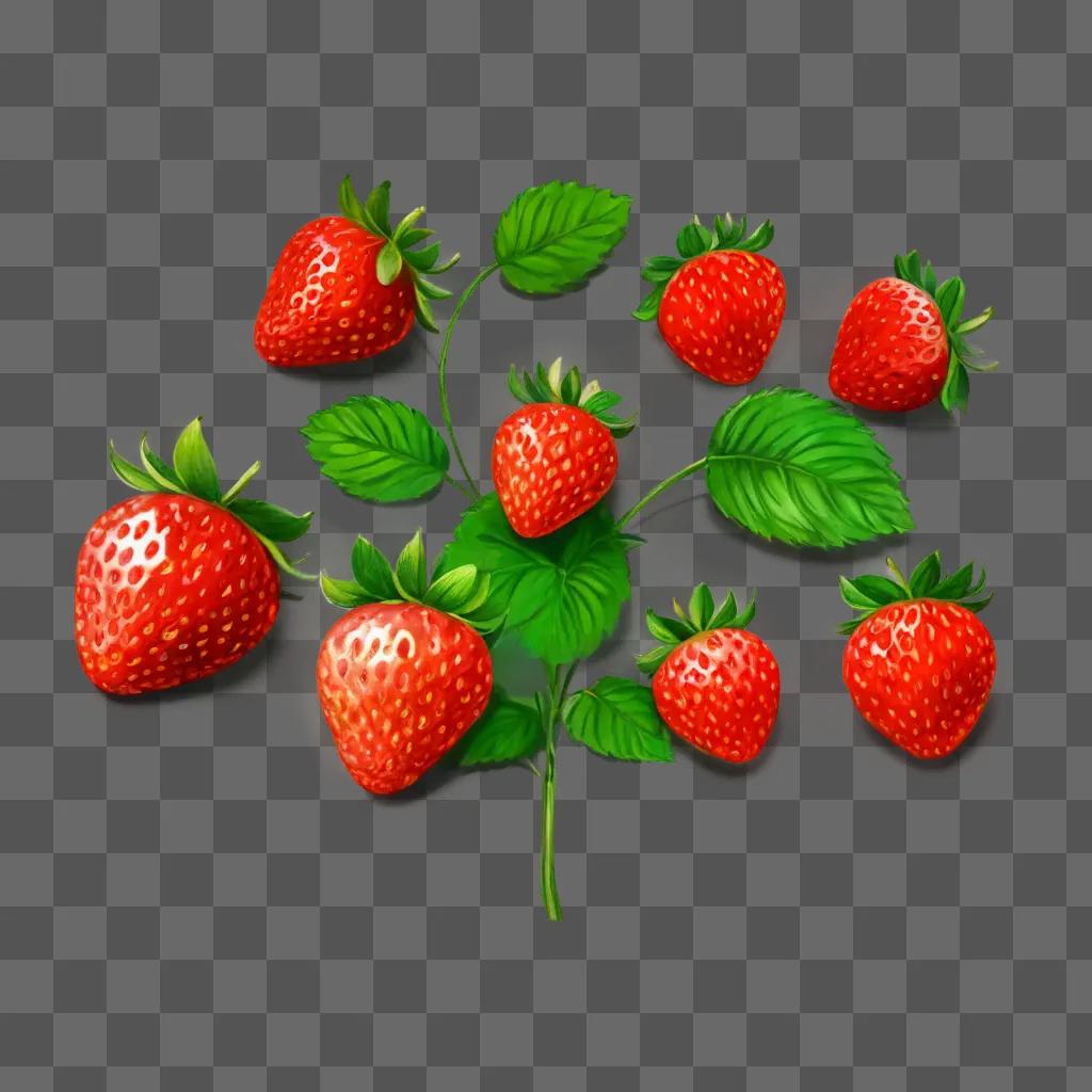 strawberry drawing for kids A bunch of red strawberries with green leaves