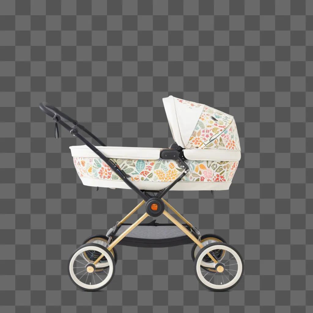 stroller with a floral design and black wheels