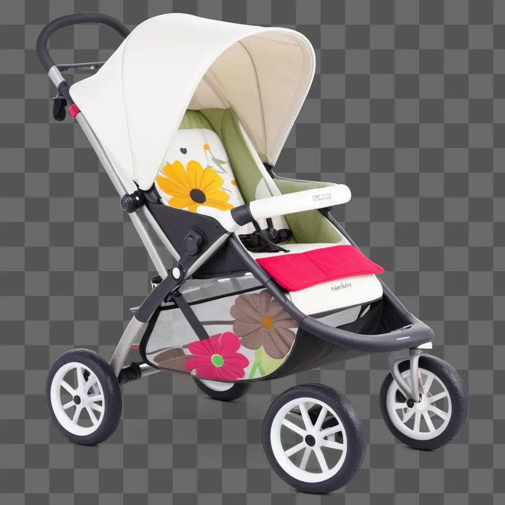 stroller with a floral design is white and red