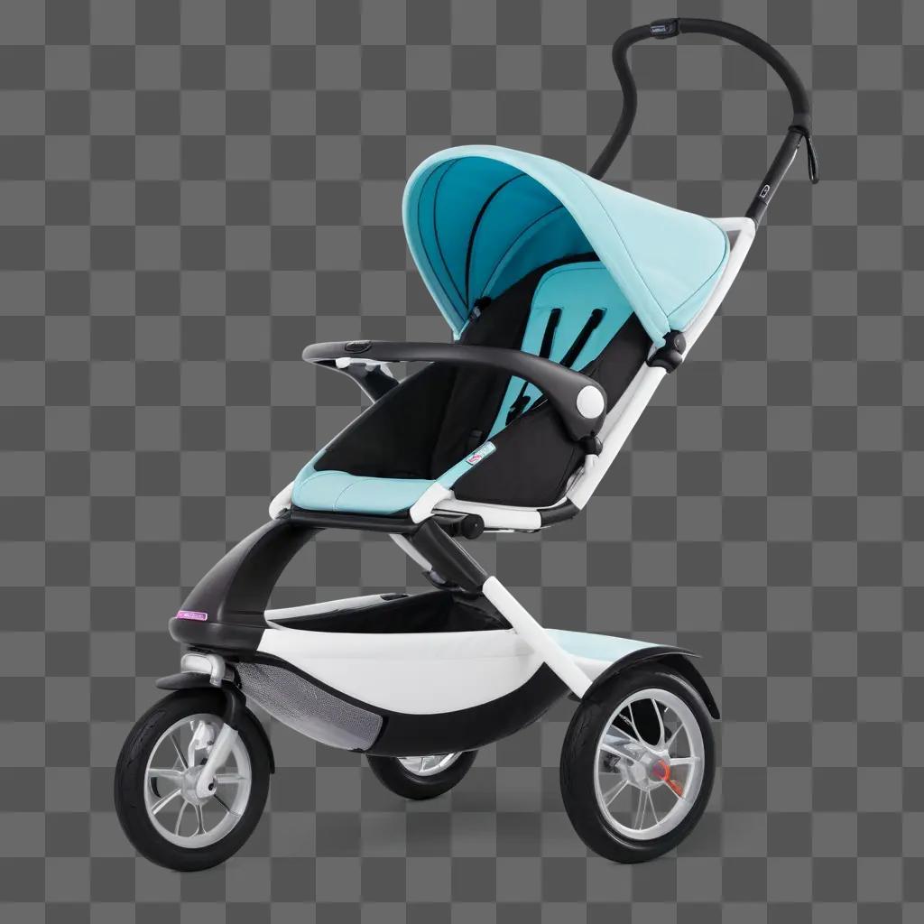 stroller with a light blue cover is on a gray background