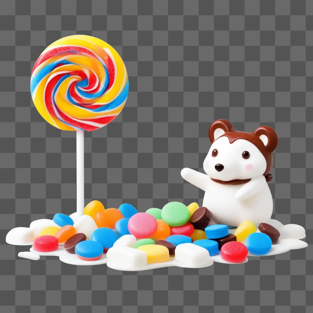 stuffed animal and a lollipop with colorful swirls