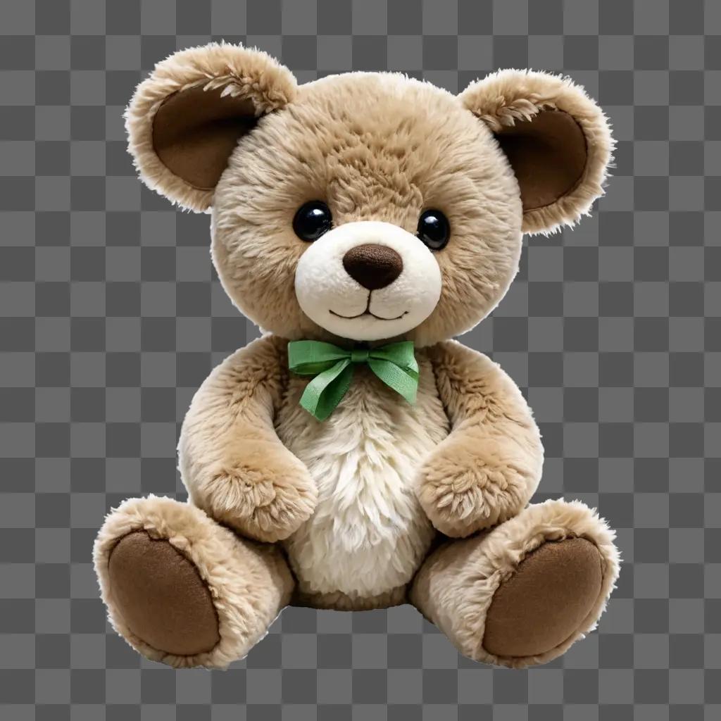 stuffed animal clipart A teddy bear wearing a green bow sits against a beige background