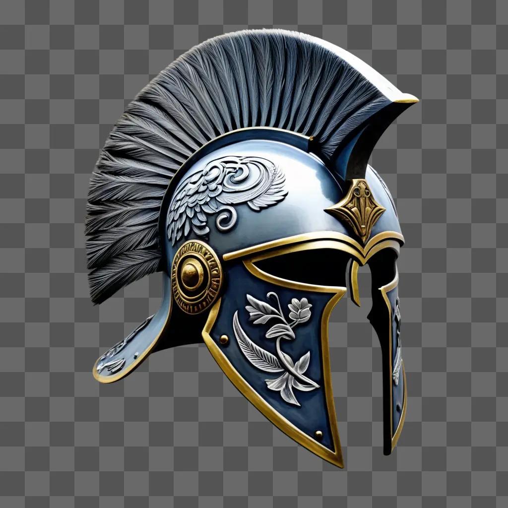 stylized depiction of a war helmet with gold and silver accents