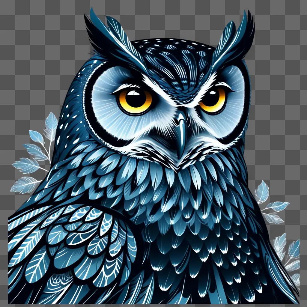 stylized owl with yellow eyes and blue feathers