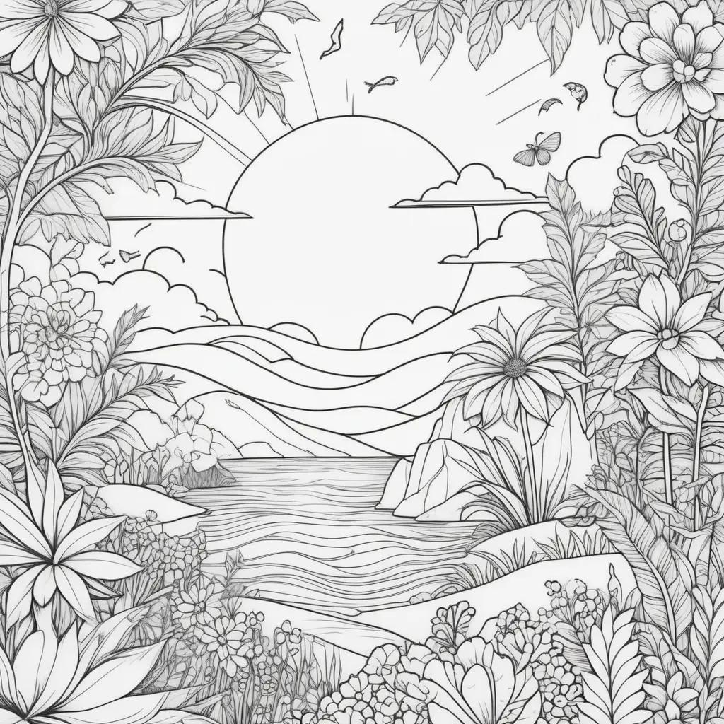 summer coloring page features a beautiful floral landscape and a sun