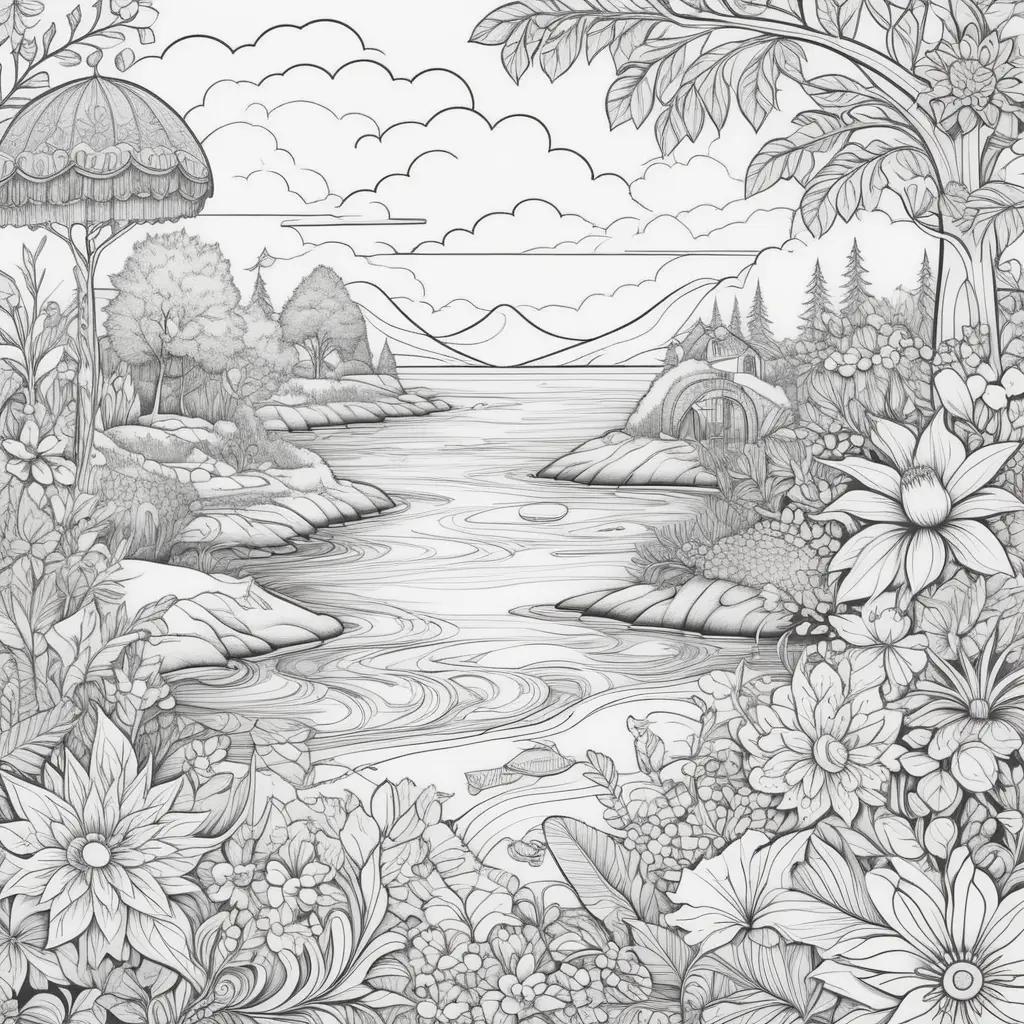 summer coloring page features a flower garden scene with a serene lake