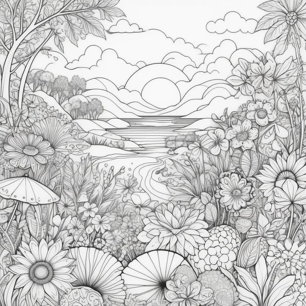 summer coloring page features a flower garden with a sun