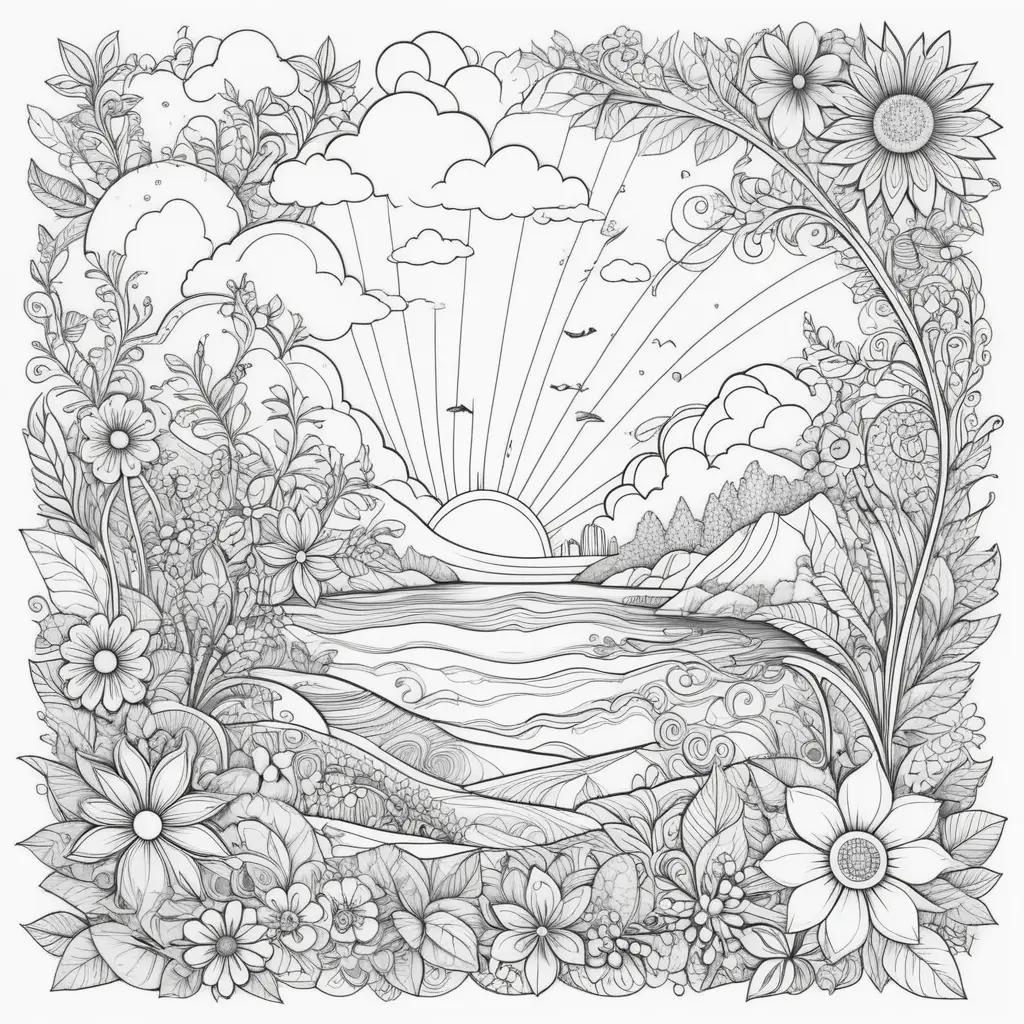 summer coloring page features a serene landscape