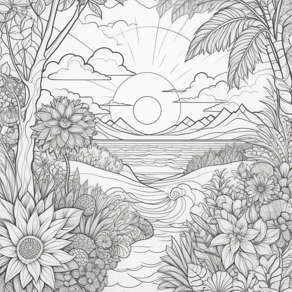 summer coloring page featuring a beach scene with palm trees and a sun