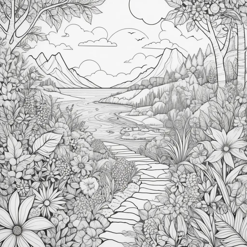 summer coloring page featuring a path through a forest