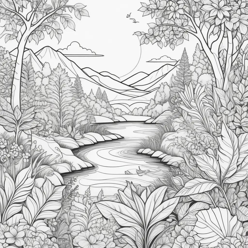 summer coloring page featuring a serene landscape with trees, flowers, and a river