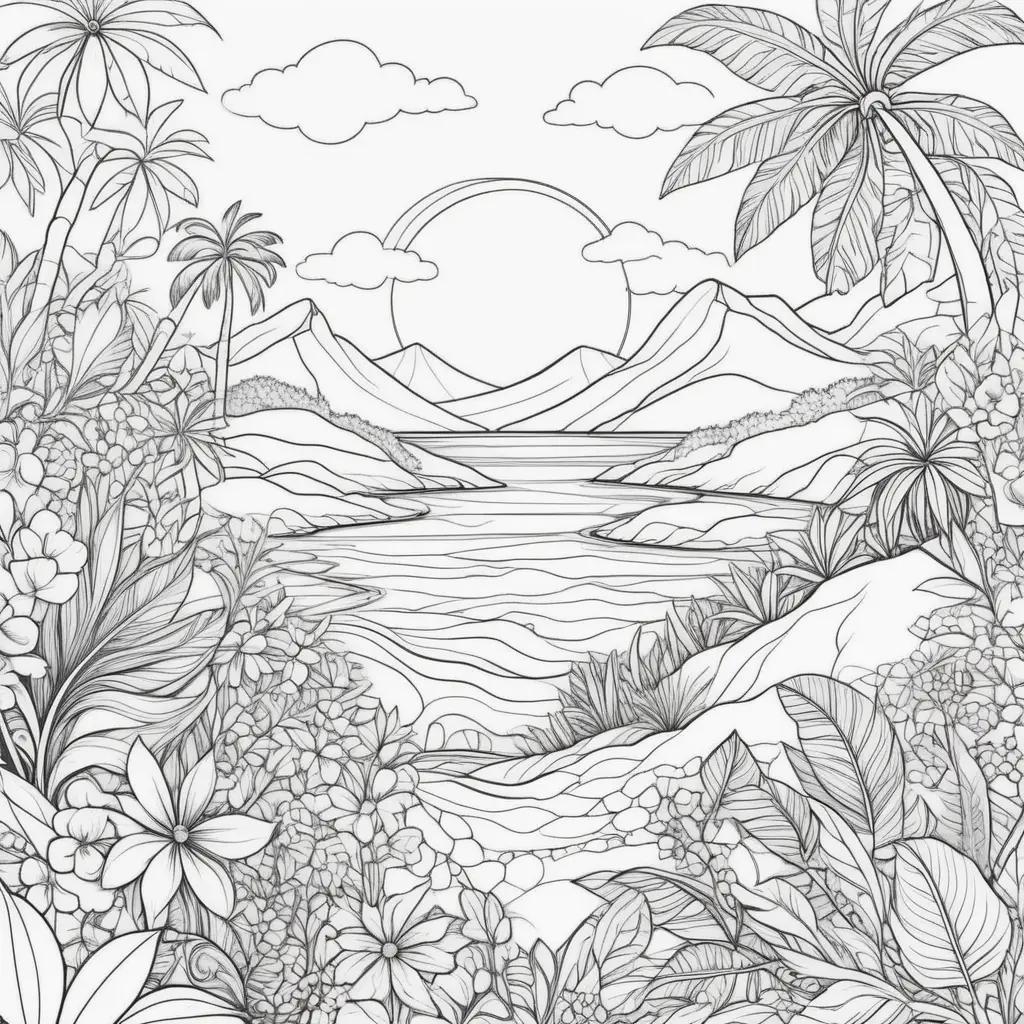 summer coloring page featuring a tropical scene with mountains, palm trees, and a lake