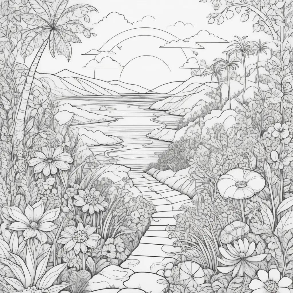 summer coloring page of a lush jungle landscape with flowers and a path