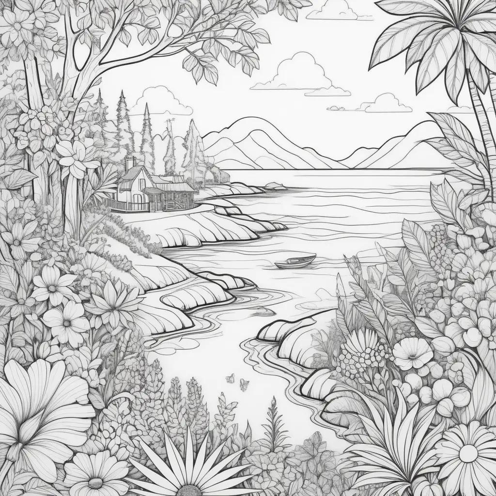 summer coloring page with a boat and a house on a lake