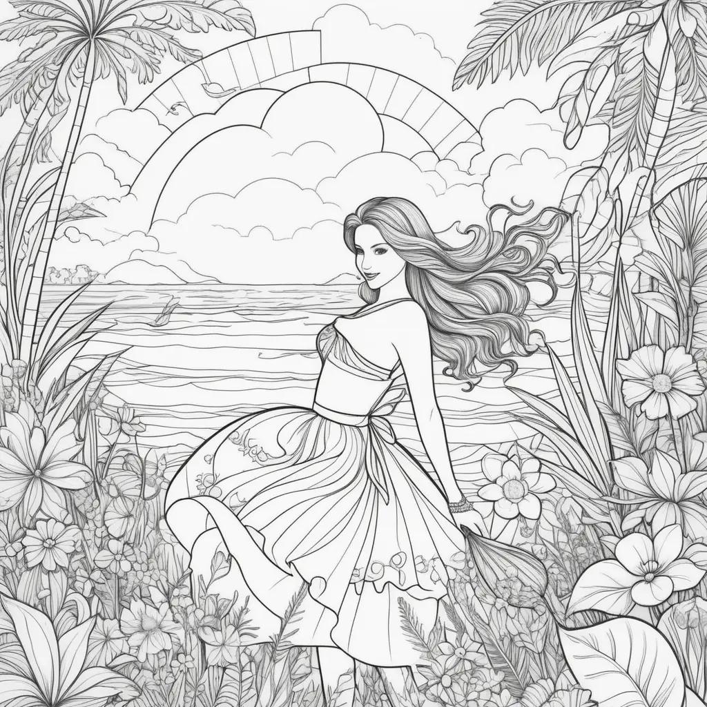 summer coloring page with a woman in a dress and flowers in a field