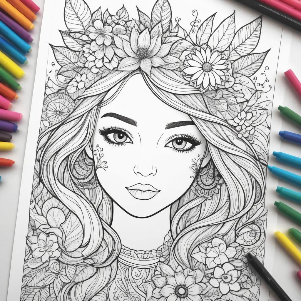 summer coloring page with flowers and a girl