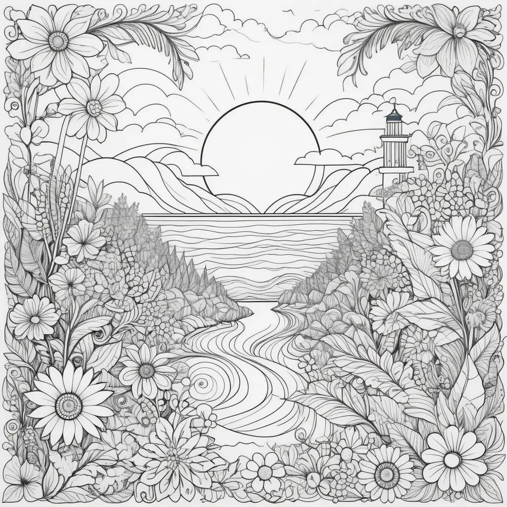 summer coloring page with flowers and a lighthouse