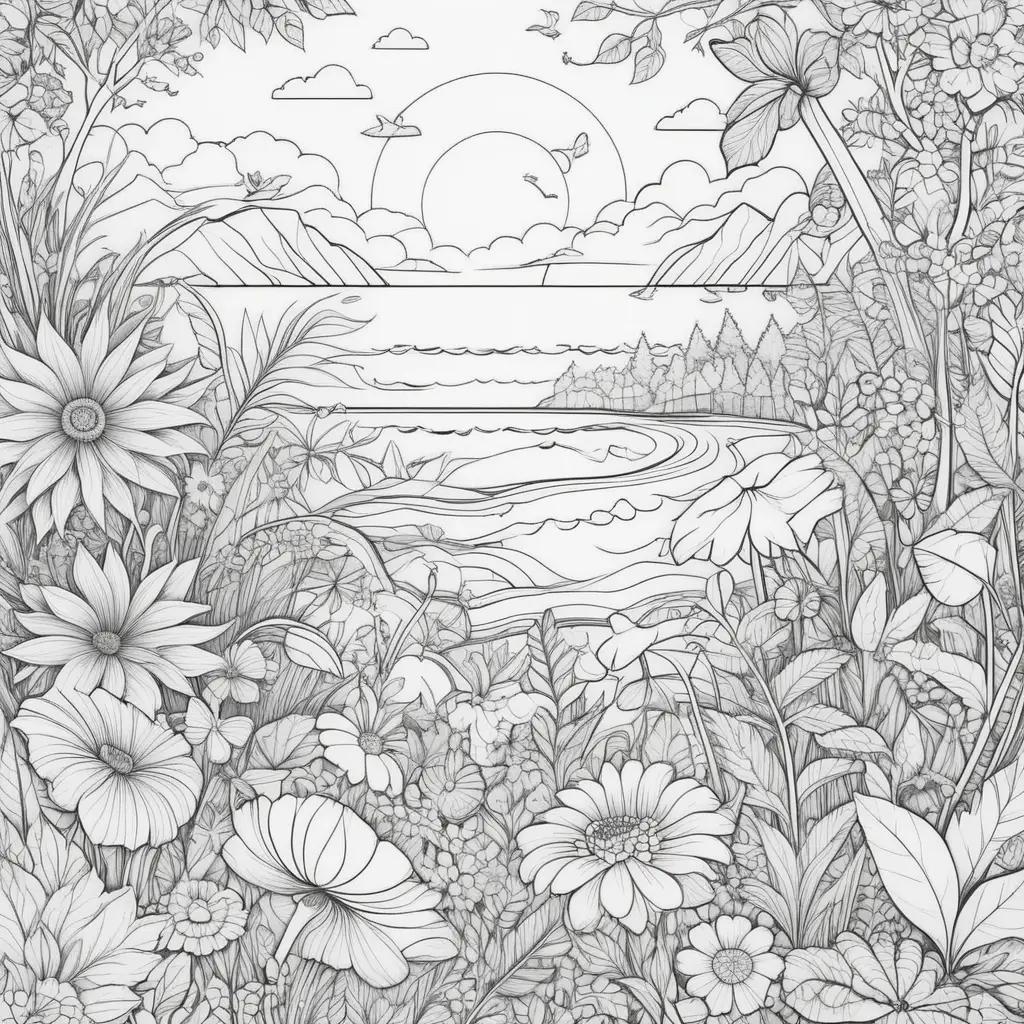 summer coloring page with flowers and trees