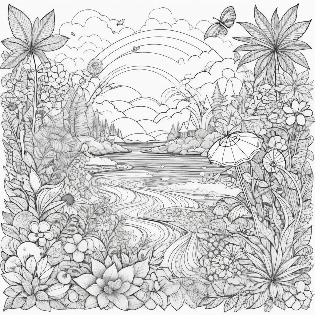 summer coloring page with flowers and trees