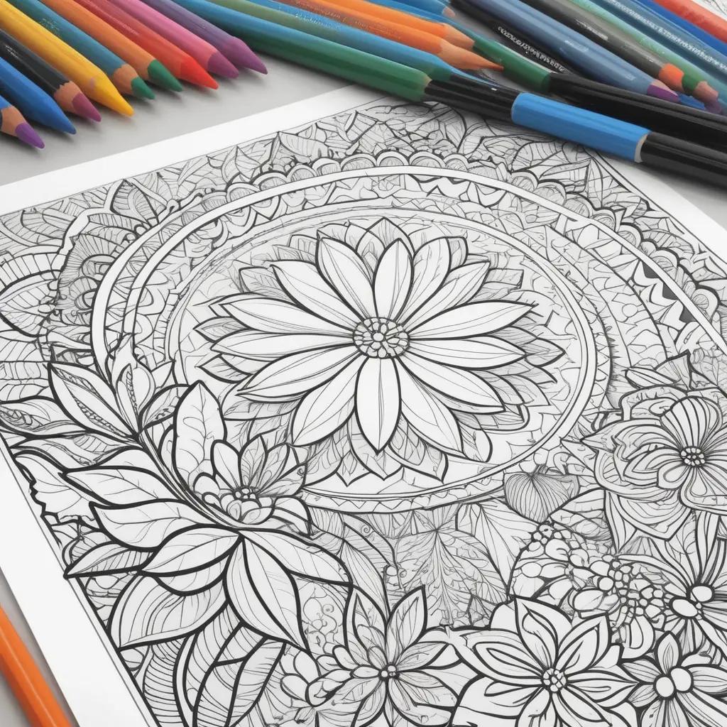 summer floral coloring page with pencils