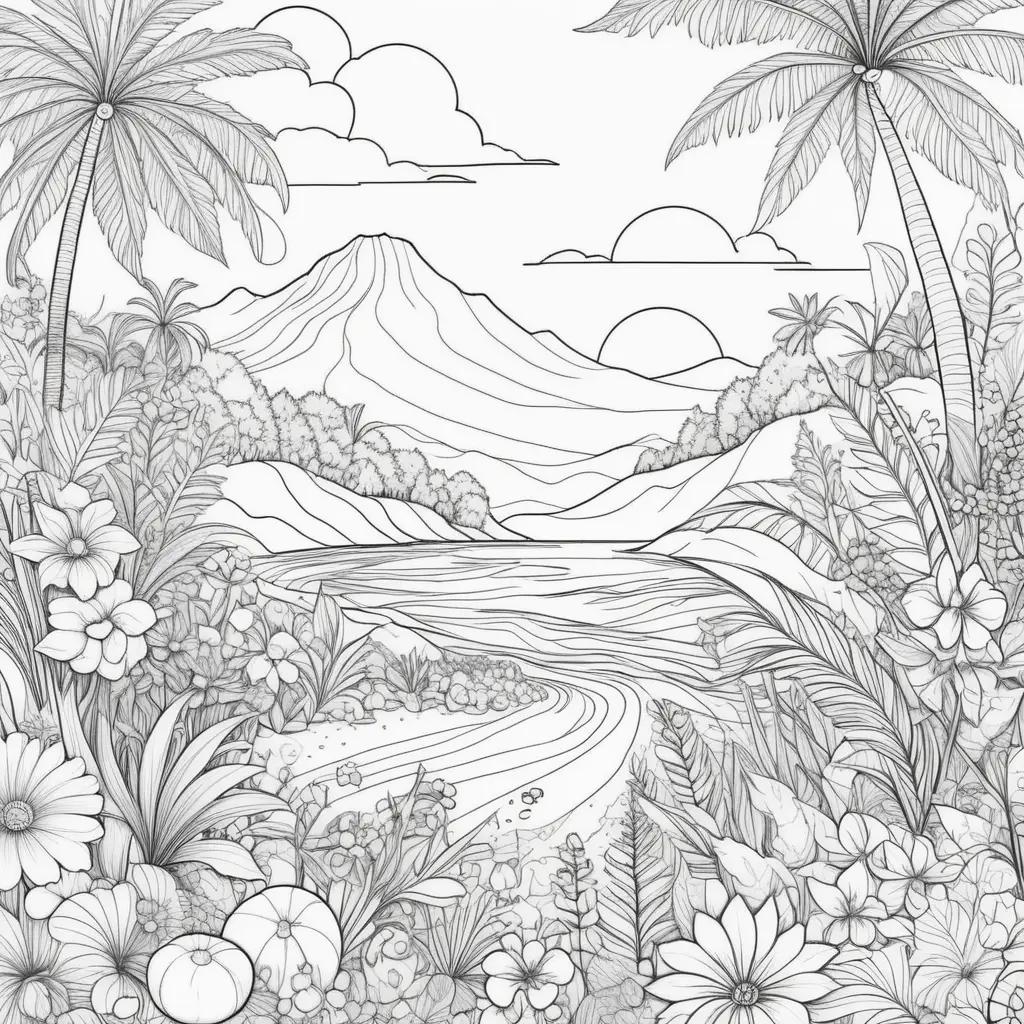 summer landscape coloring page with flowers and mountains