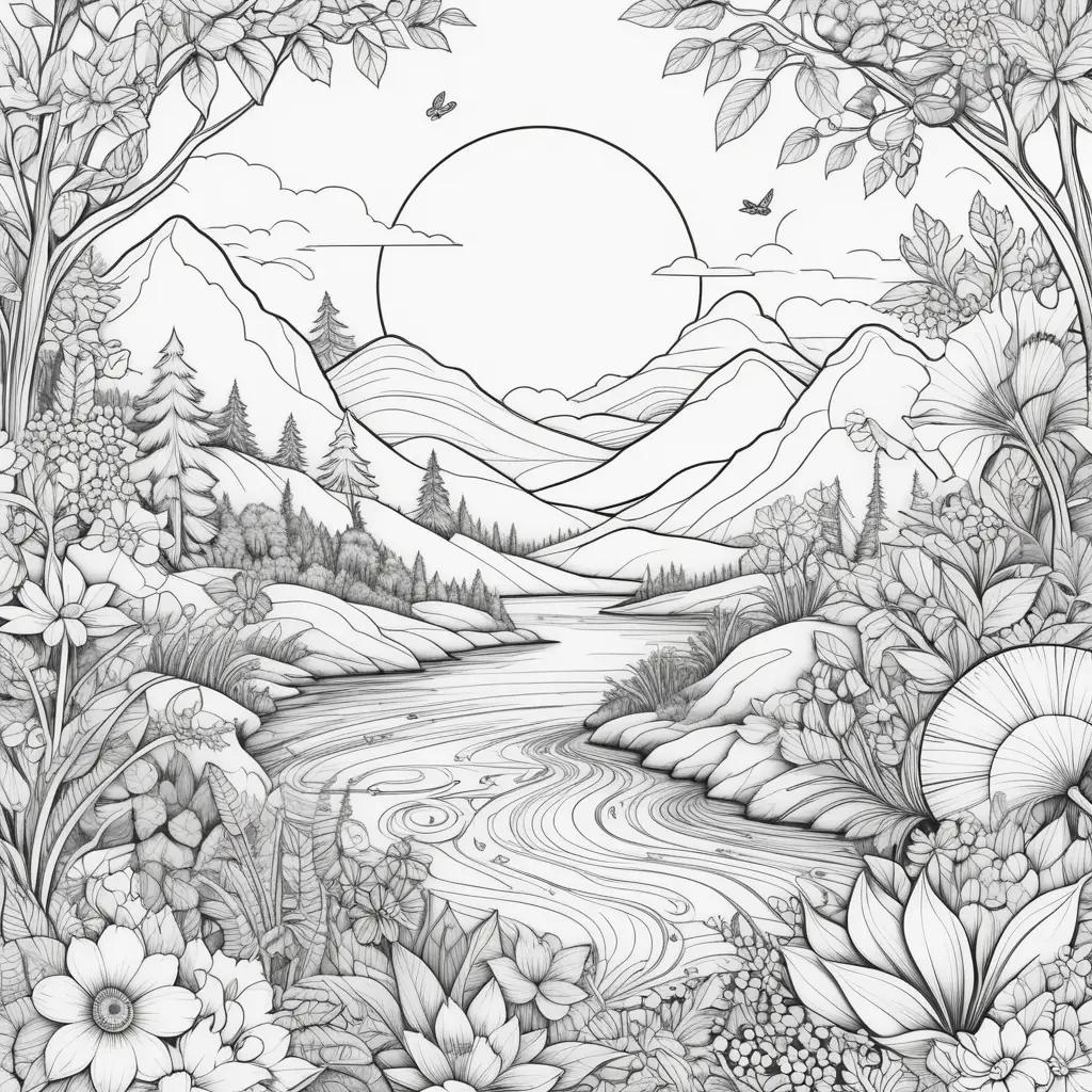 summer landscape coloring page with trees and flowers