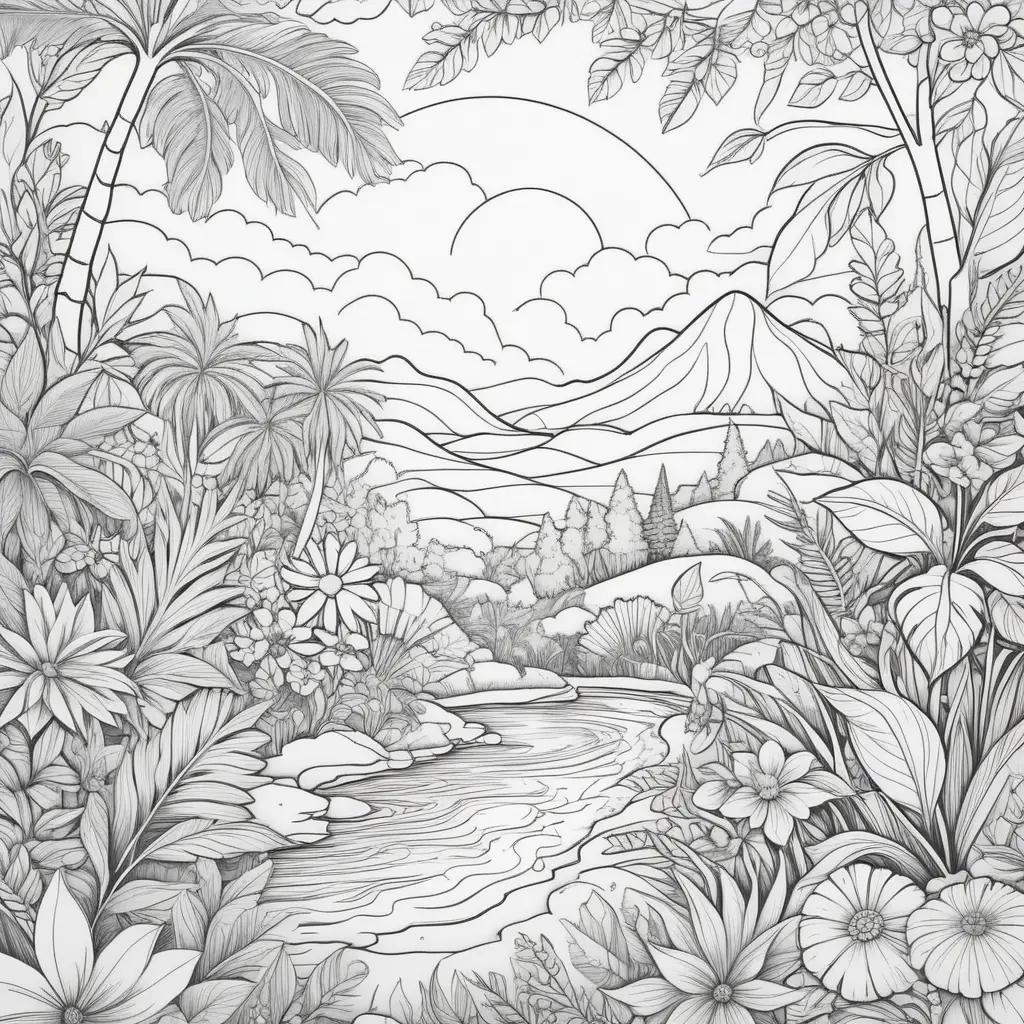 summer scene in a coloring page featuring trees, flowers, and a river