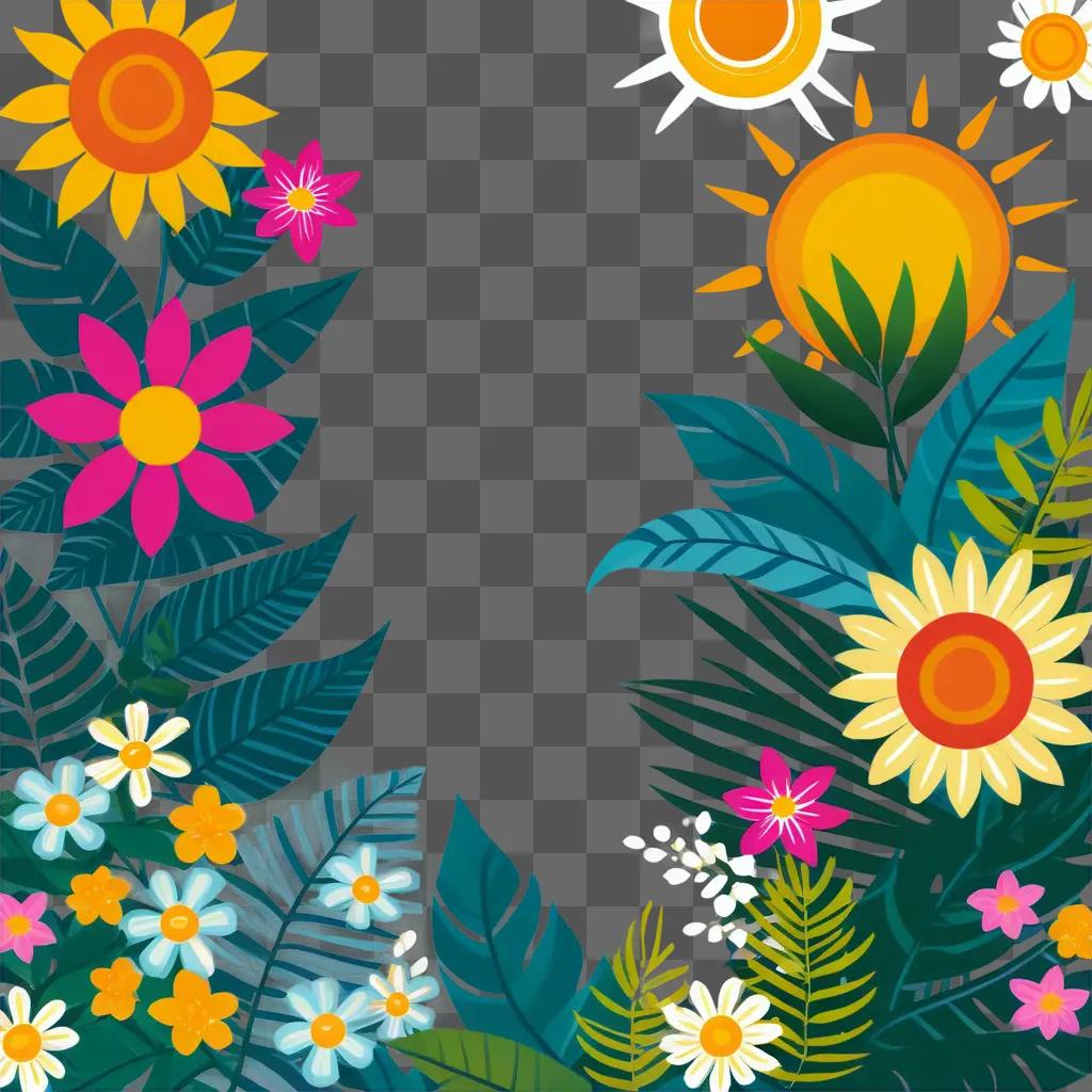 summer scene with colorful flowers and leaves