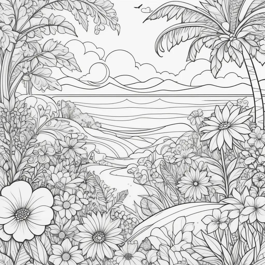 summertime coloring page with flowers, trees and a beach scene