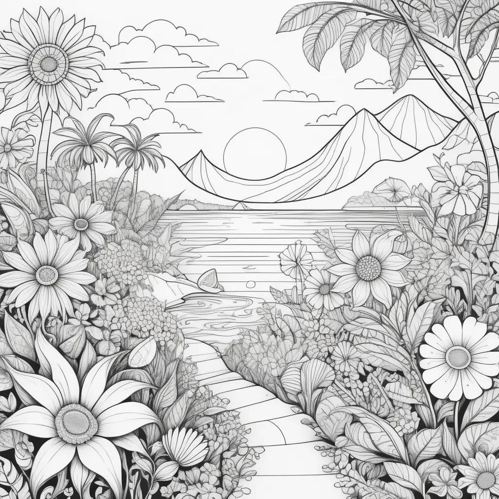 summertime coloring page with flowers and a mountain