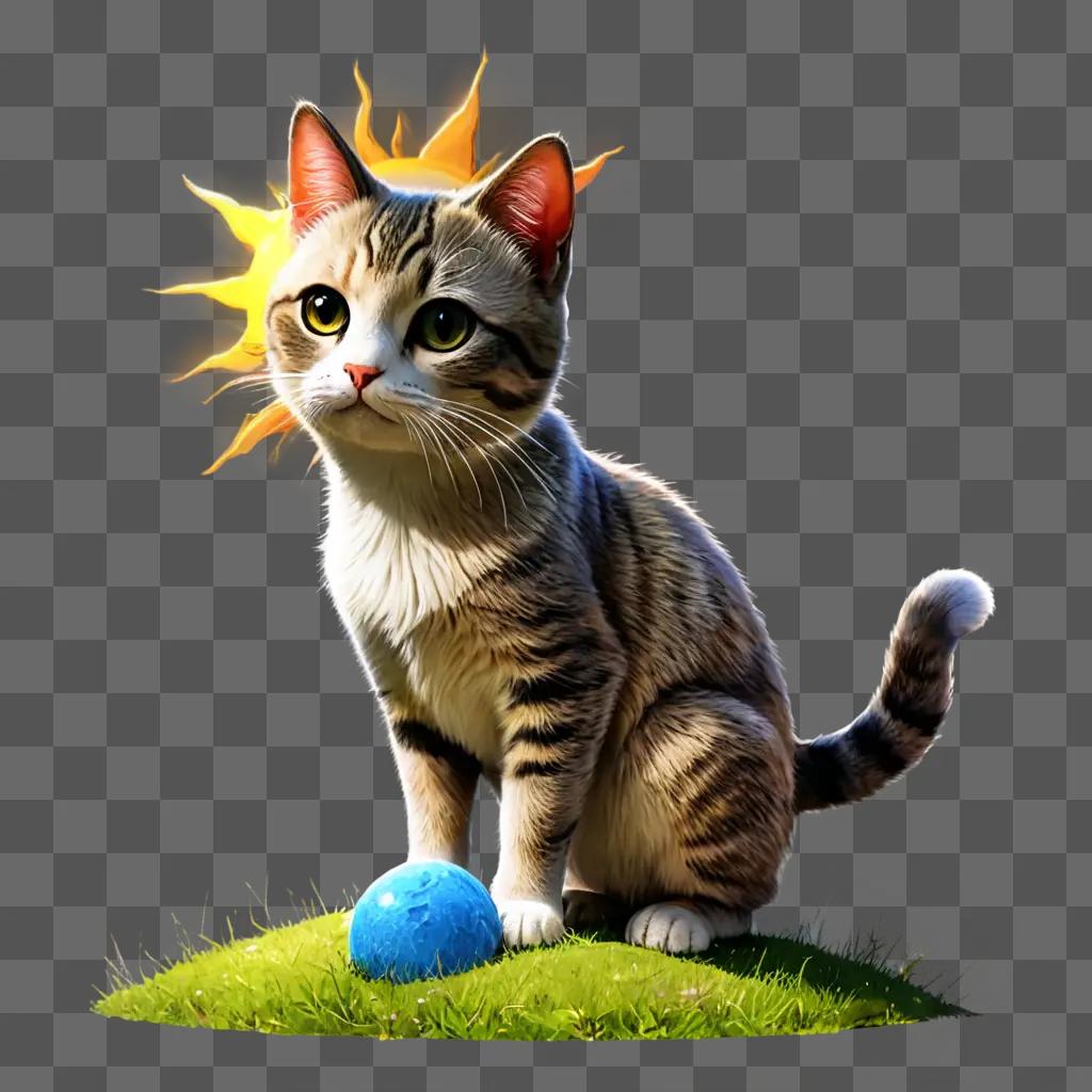 sun cartoon A cat sits on a grassy hill with a blue ball