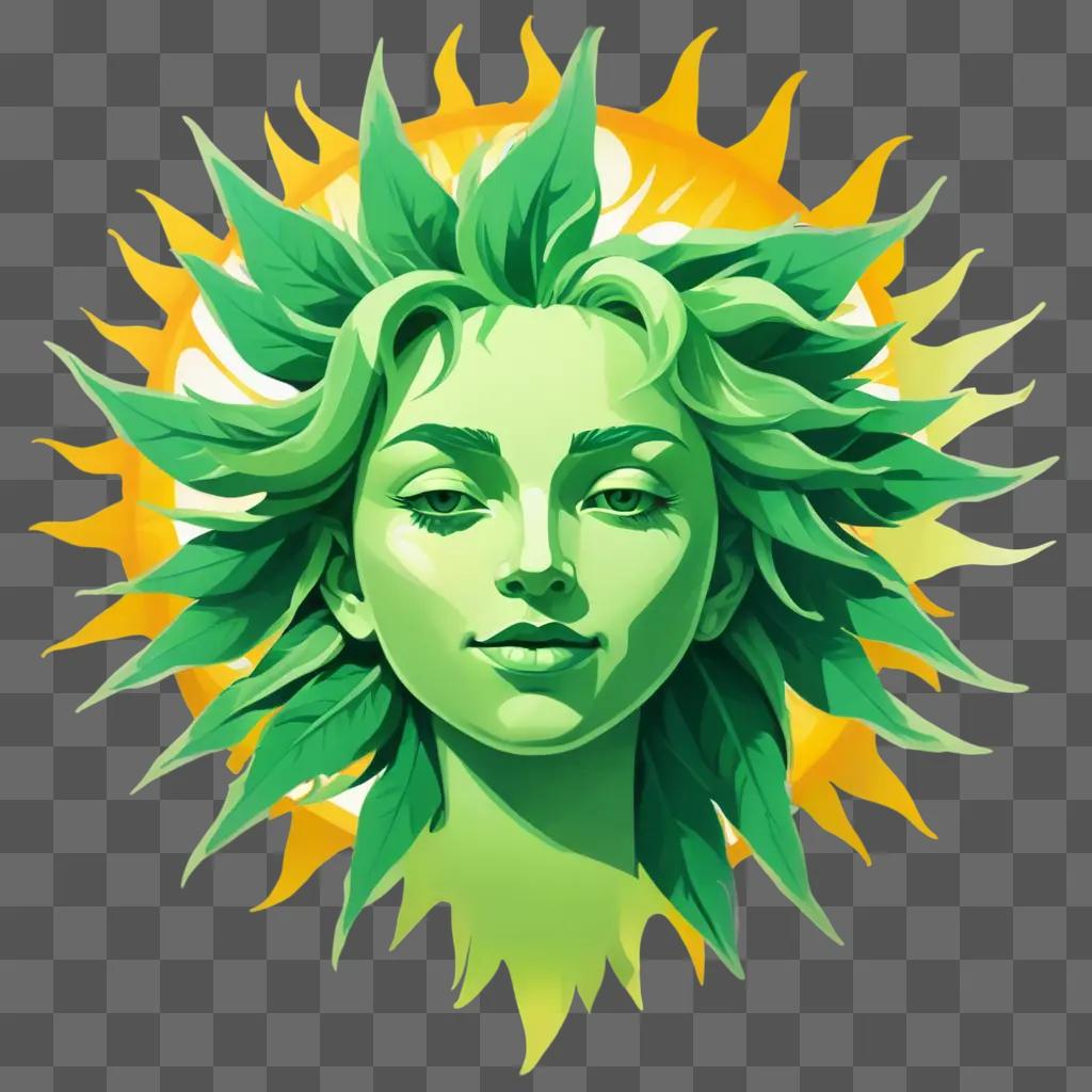 sun cartoon Green face with sun rays in background