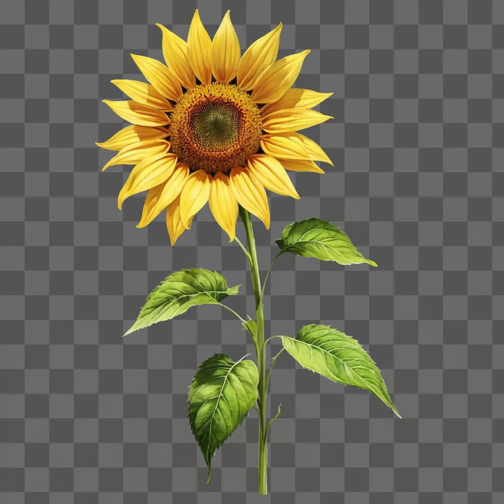 sun flower drawing A large sunflower with green leaves on a green background