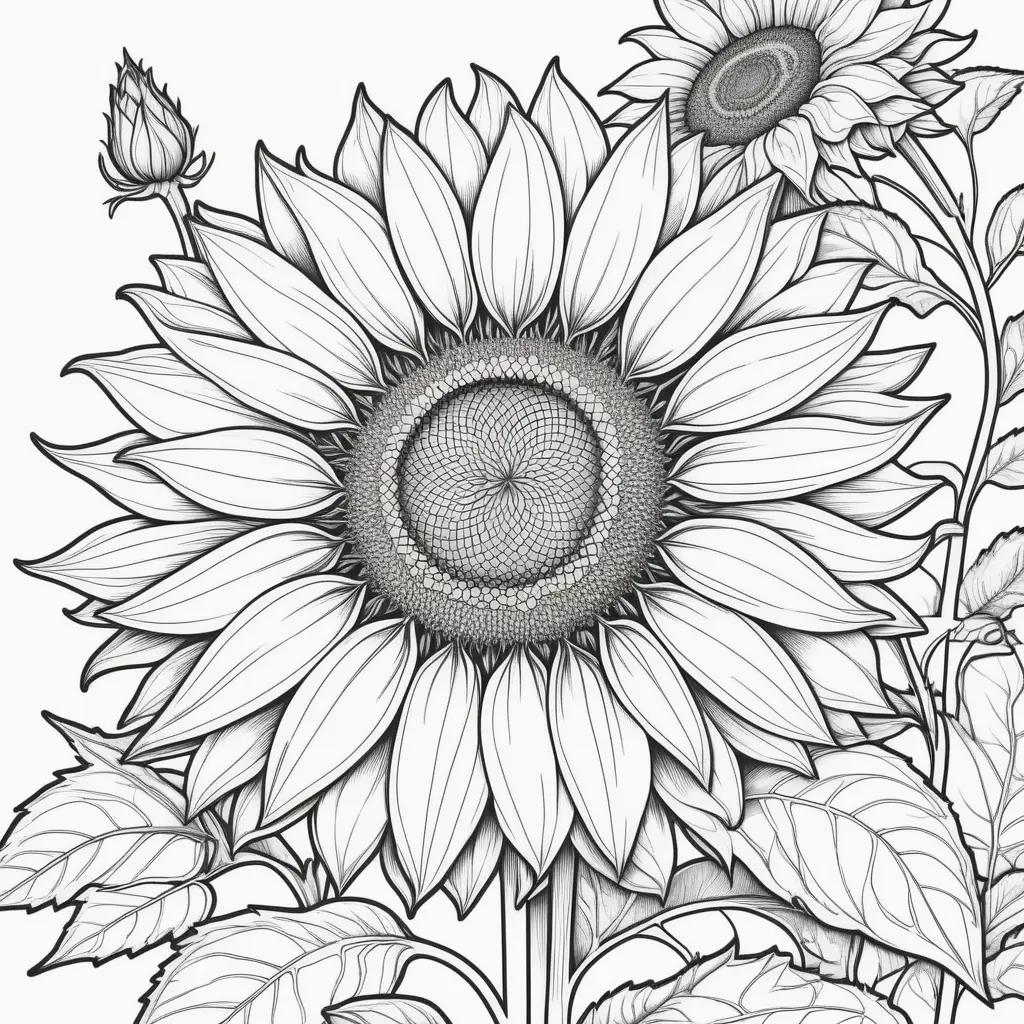 sunflower coloring page features a large flower with green leaves