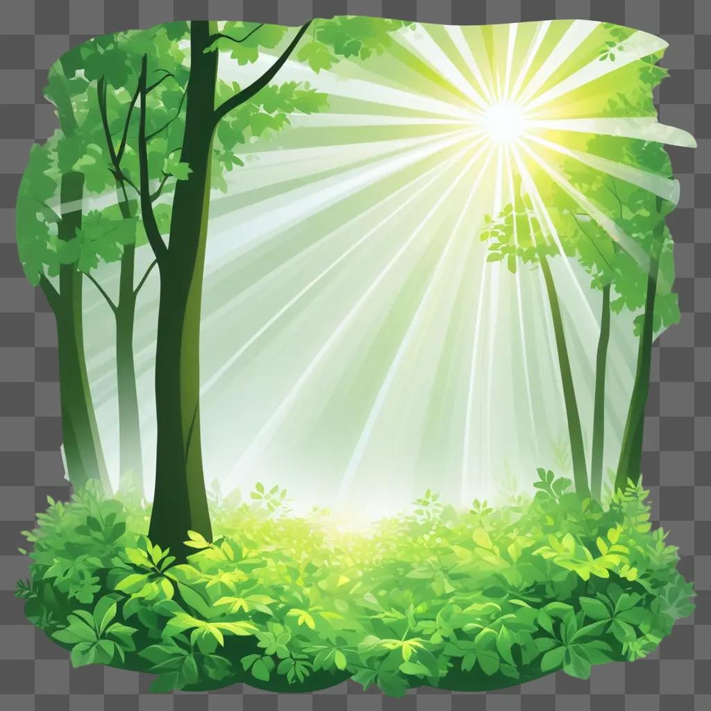緑の葉と植物が生い茂る太陽の光に照らされた森