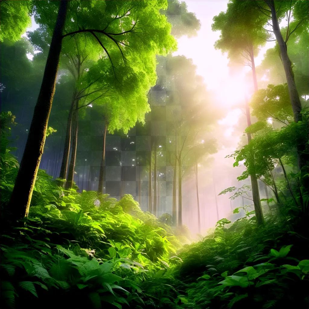 sunlit forest with tall trees and vibrant foliage