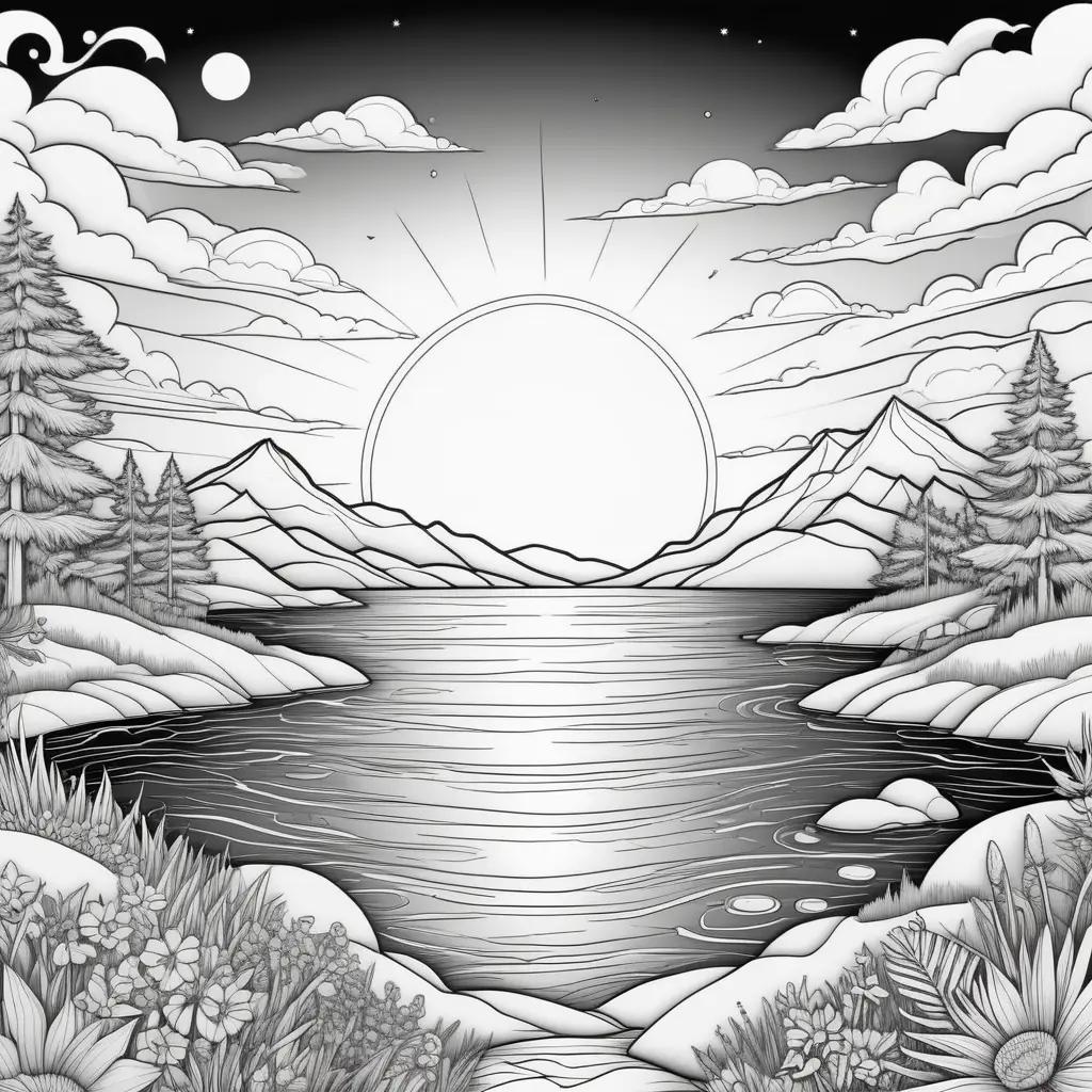 sunset coloring page with mountains, trees, and flowers