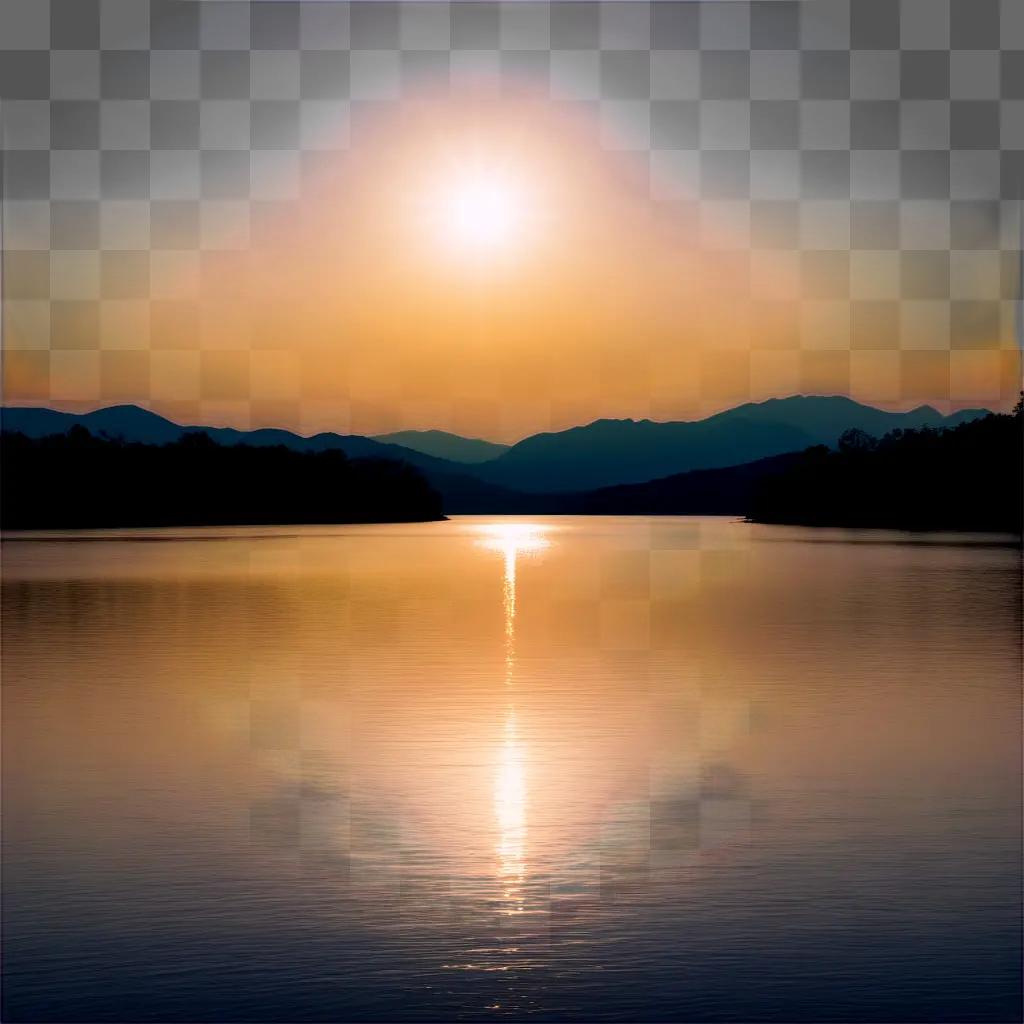 sunset over a lake with a sun that is transparent