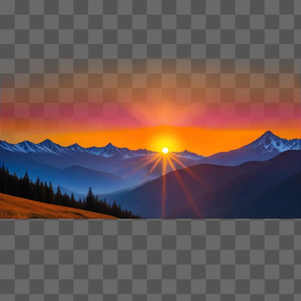 sunset paints a bright sun on a mountain landscape