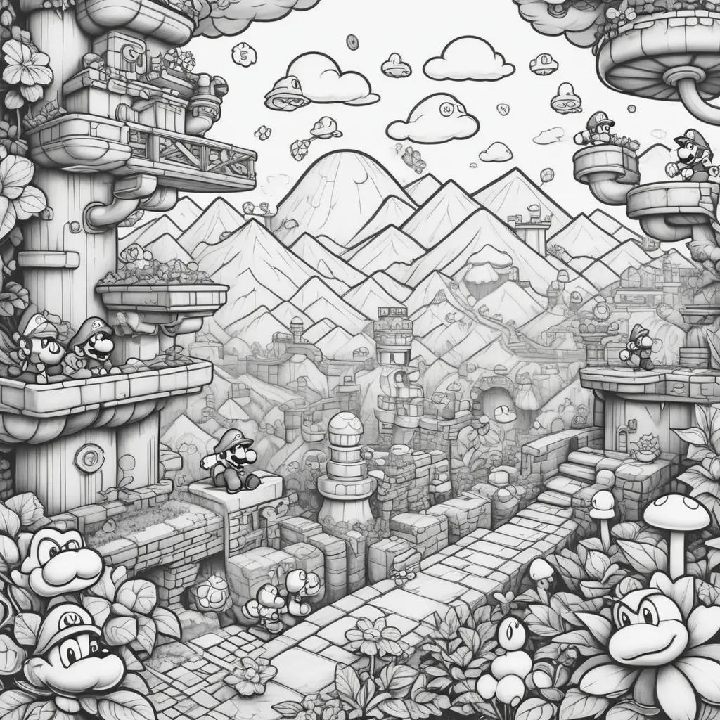 super mario bros coloring page with a mountain and mushrooms