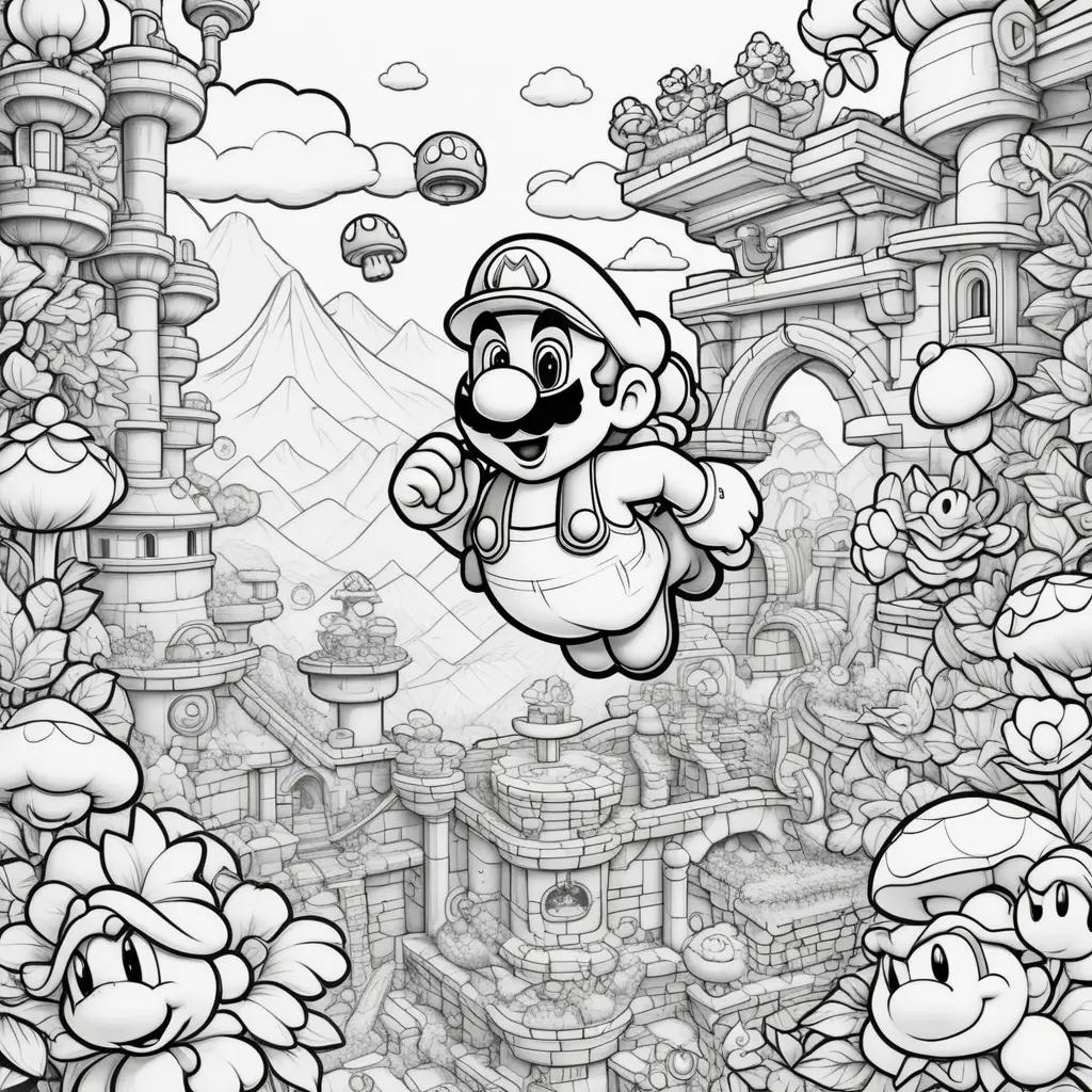 super mario coloring page with a flying mario in the middle