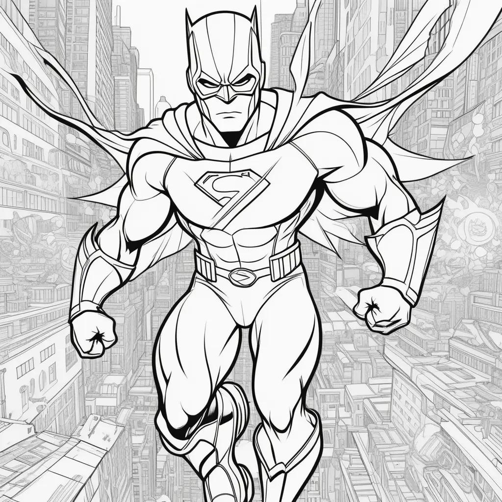 superhero coloring page of a man in a city