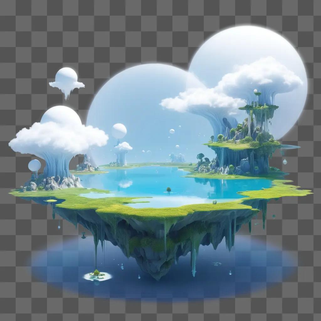 surreal dreamscape with floating clouds and blue waters