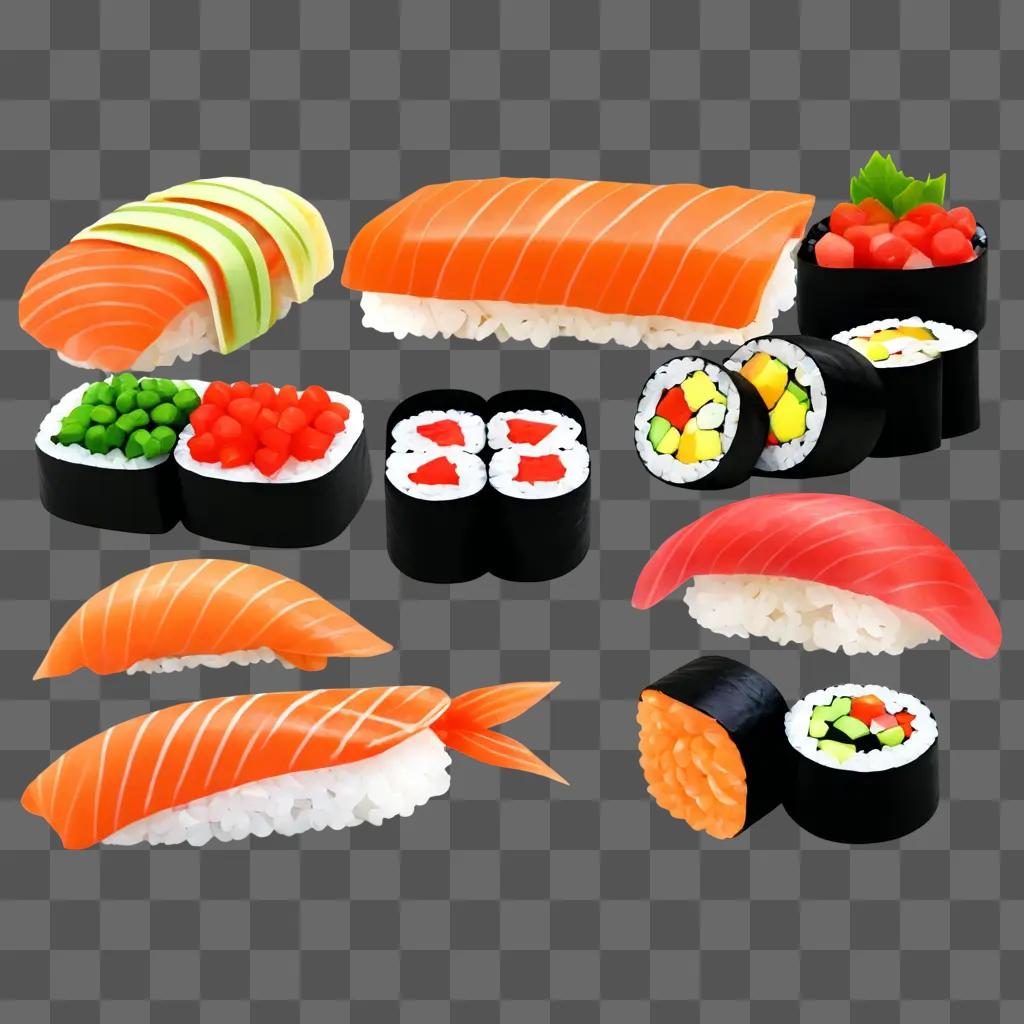 sushi clipart A variety of sushi displayed on a brown background