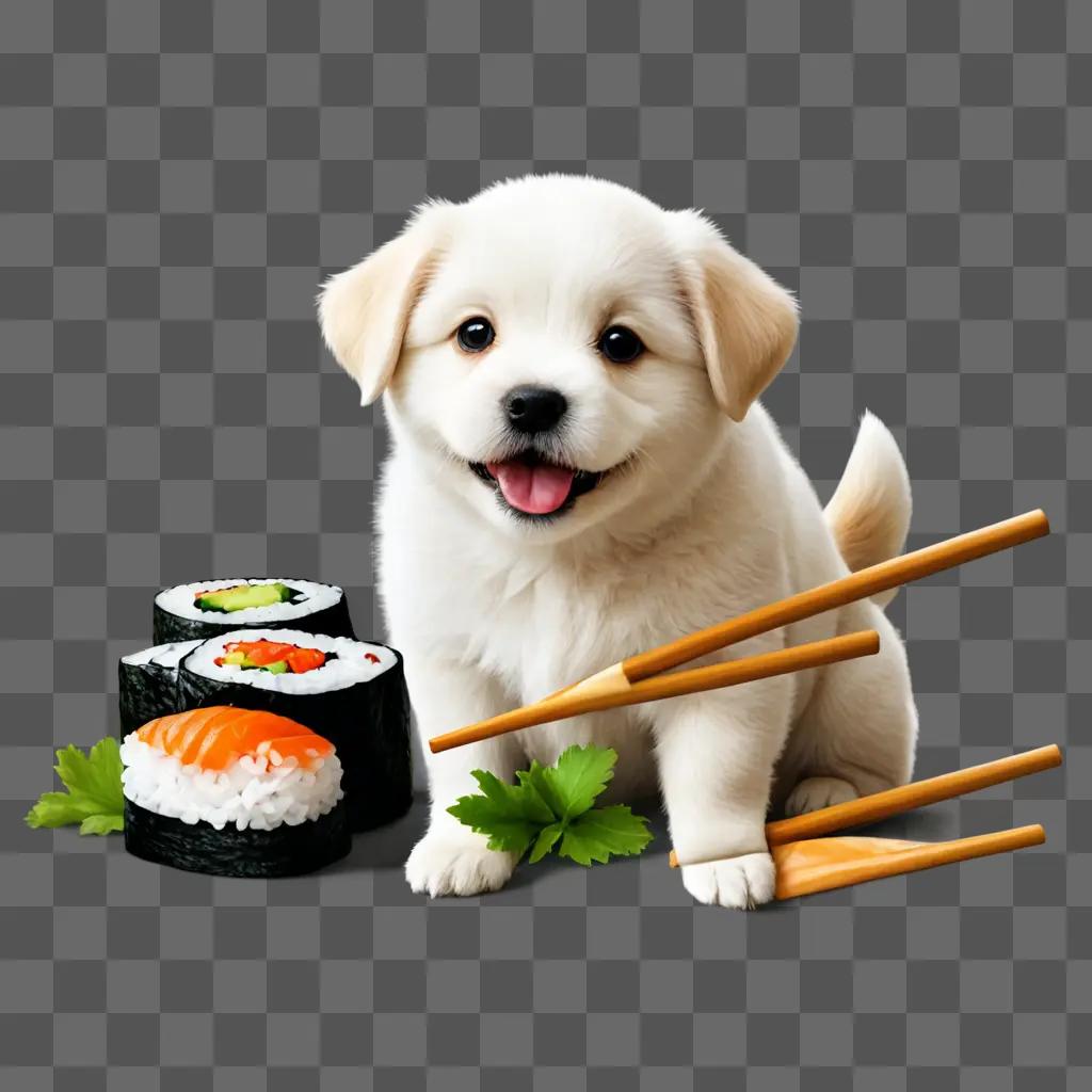 sushi drawing for kids A cute puppy with chopsticks next to sushi and veggies