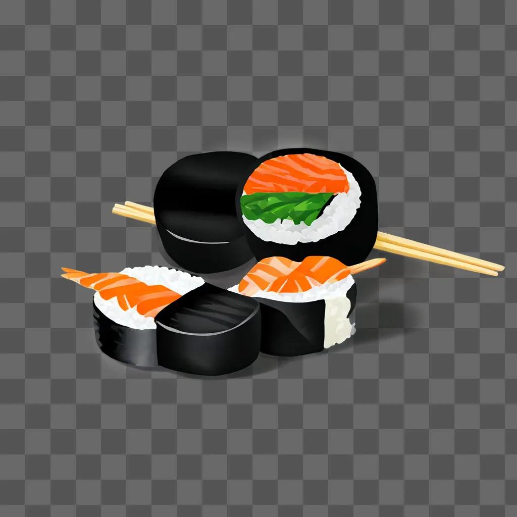 sushi drawing for kids A sushi roll with chopsticks and sauce on a table