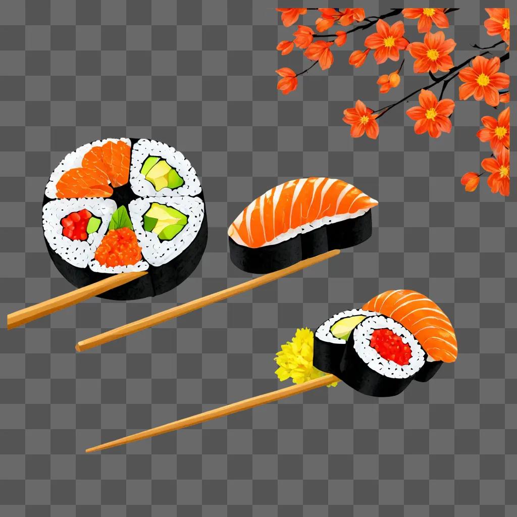 sushi drawing with colour A collection of sushi on sticks with cherry blossoms